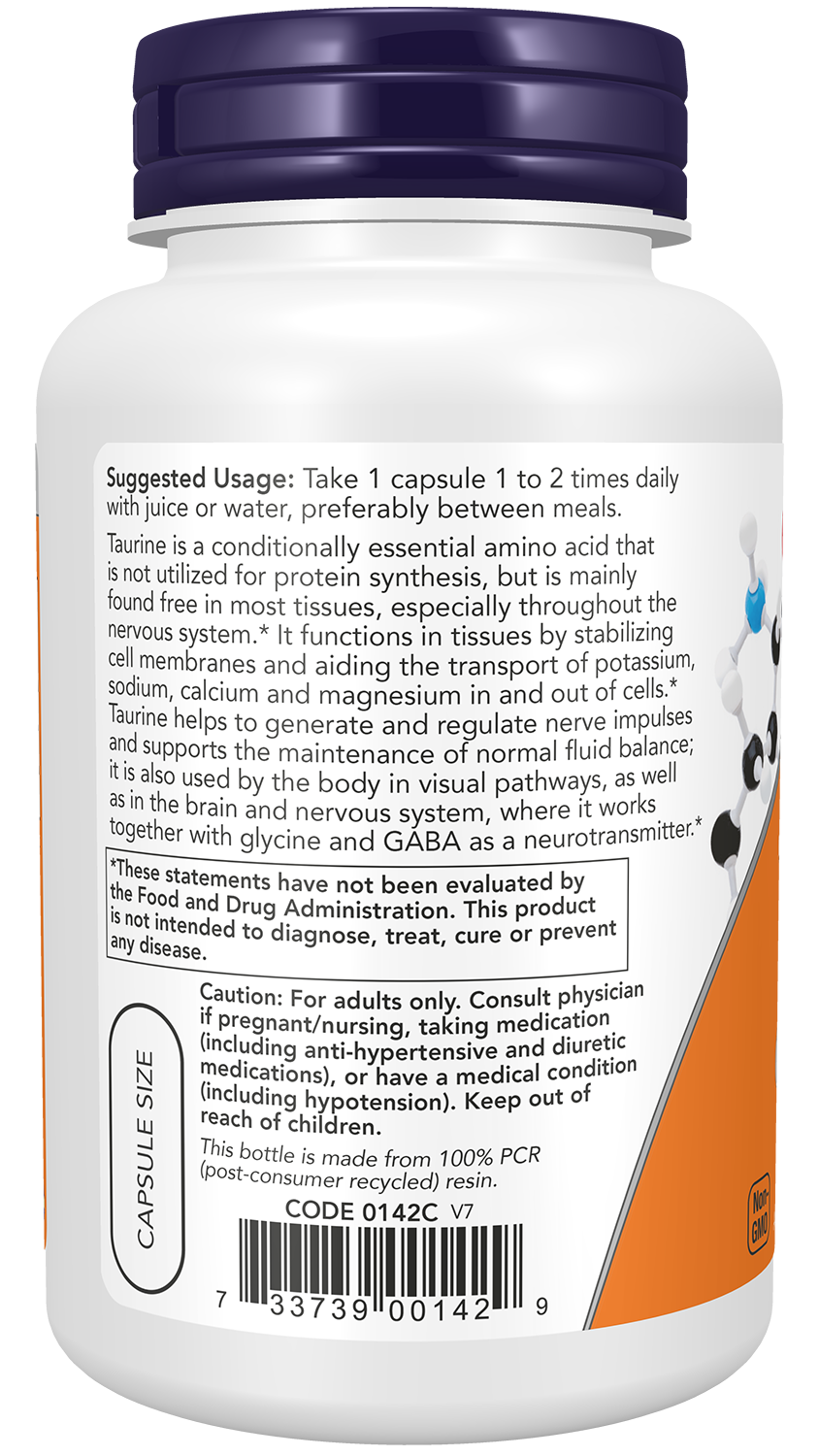 NOW Supplements, Taurine 1,000 mg, Double Strength, 100 Veg Caps