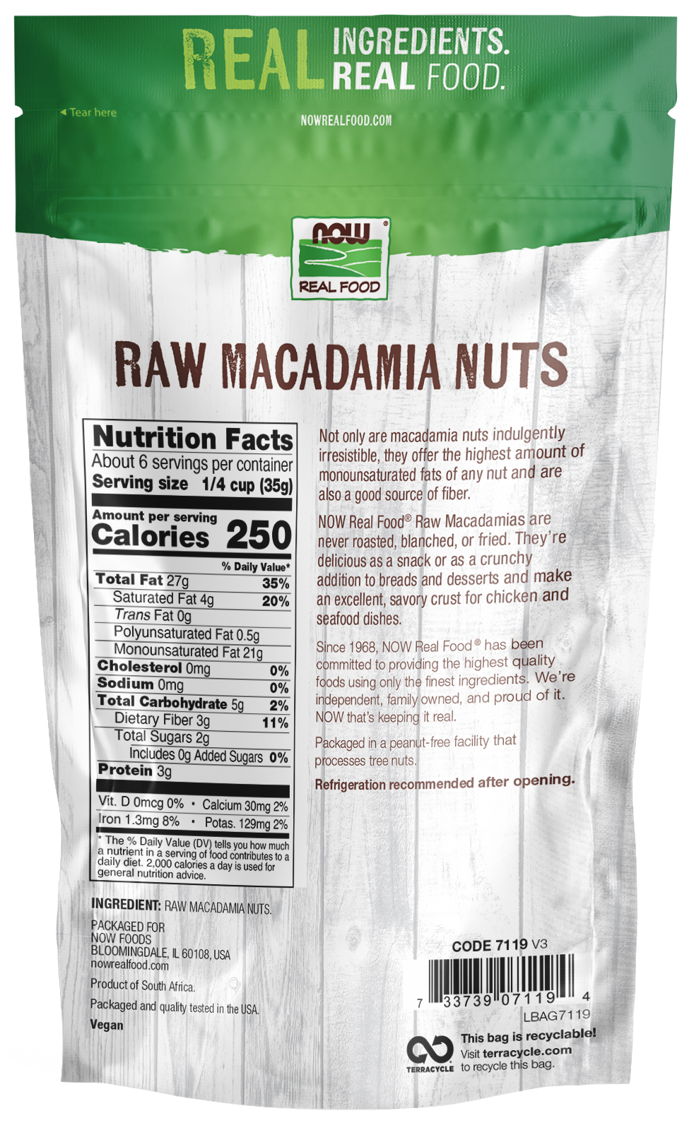 NOW Foods, Raw Macadamia Nuts, Unsalted, Good Source of Fiber, 8 oz
