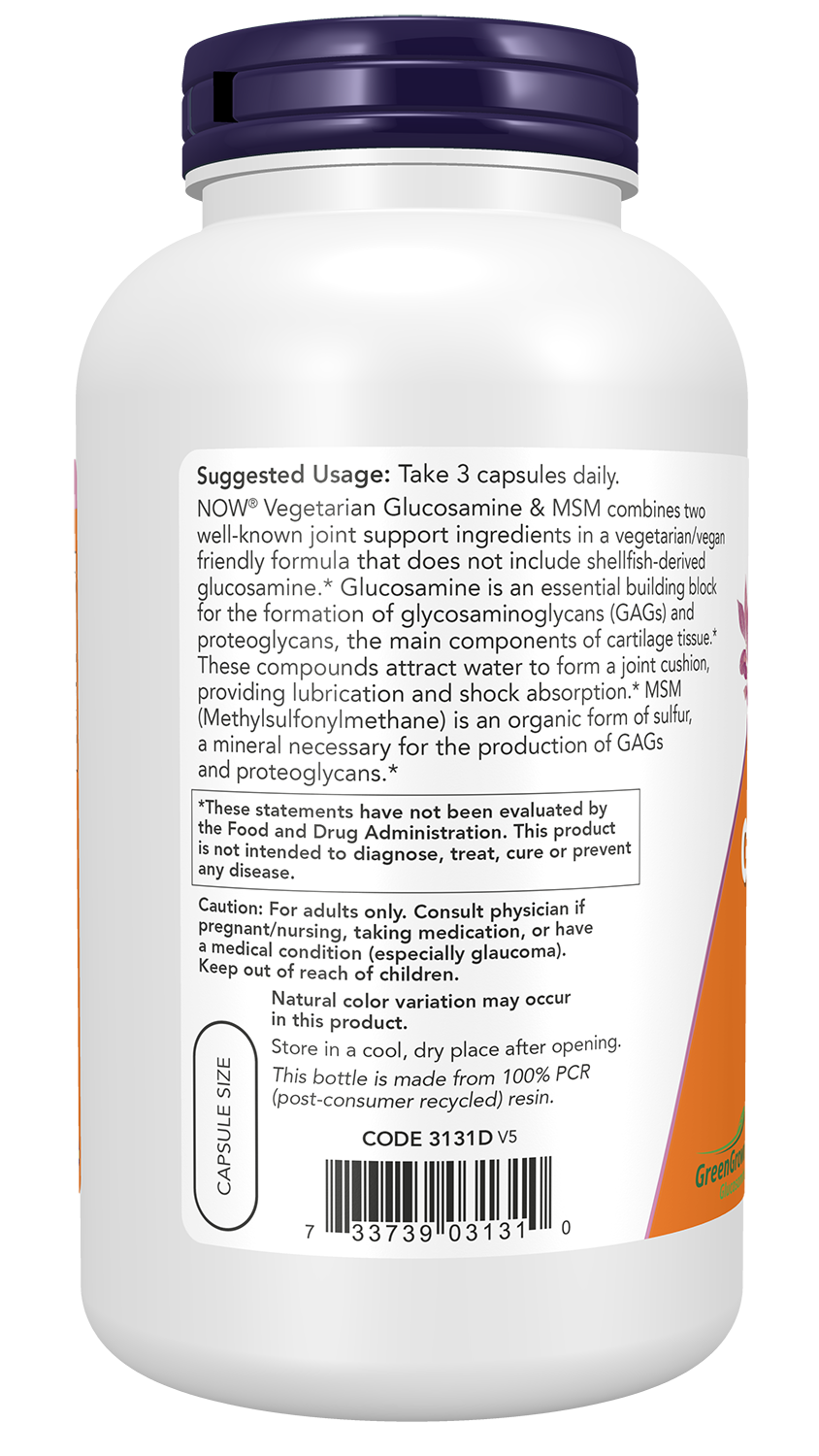 NOW Supplements, Vegetarian Glucosamine & MSM, w/ GreenGrown®, 240 Veg Caps