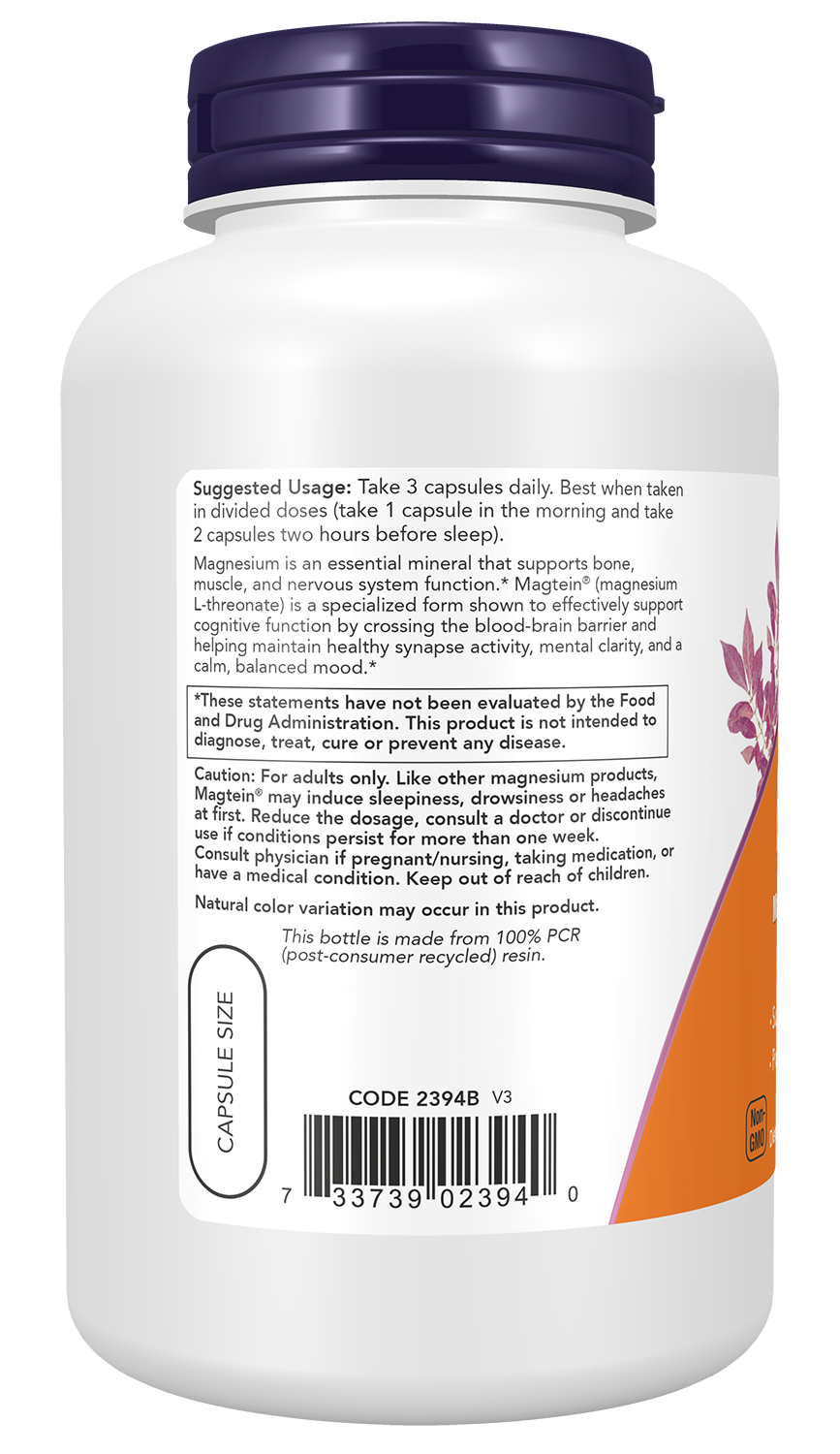NOW Supplements, Magtein® with patented form of Magnesium, 180 Veg Caps
