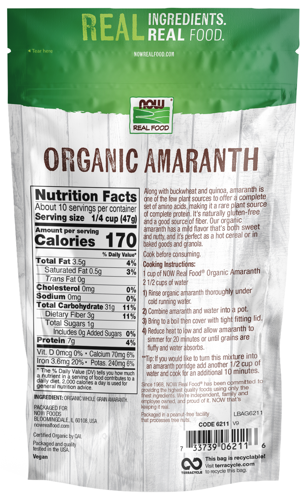 NOW Foods, Organic Amaranth Whole Grain, Protein & Fiber, 16 oz