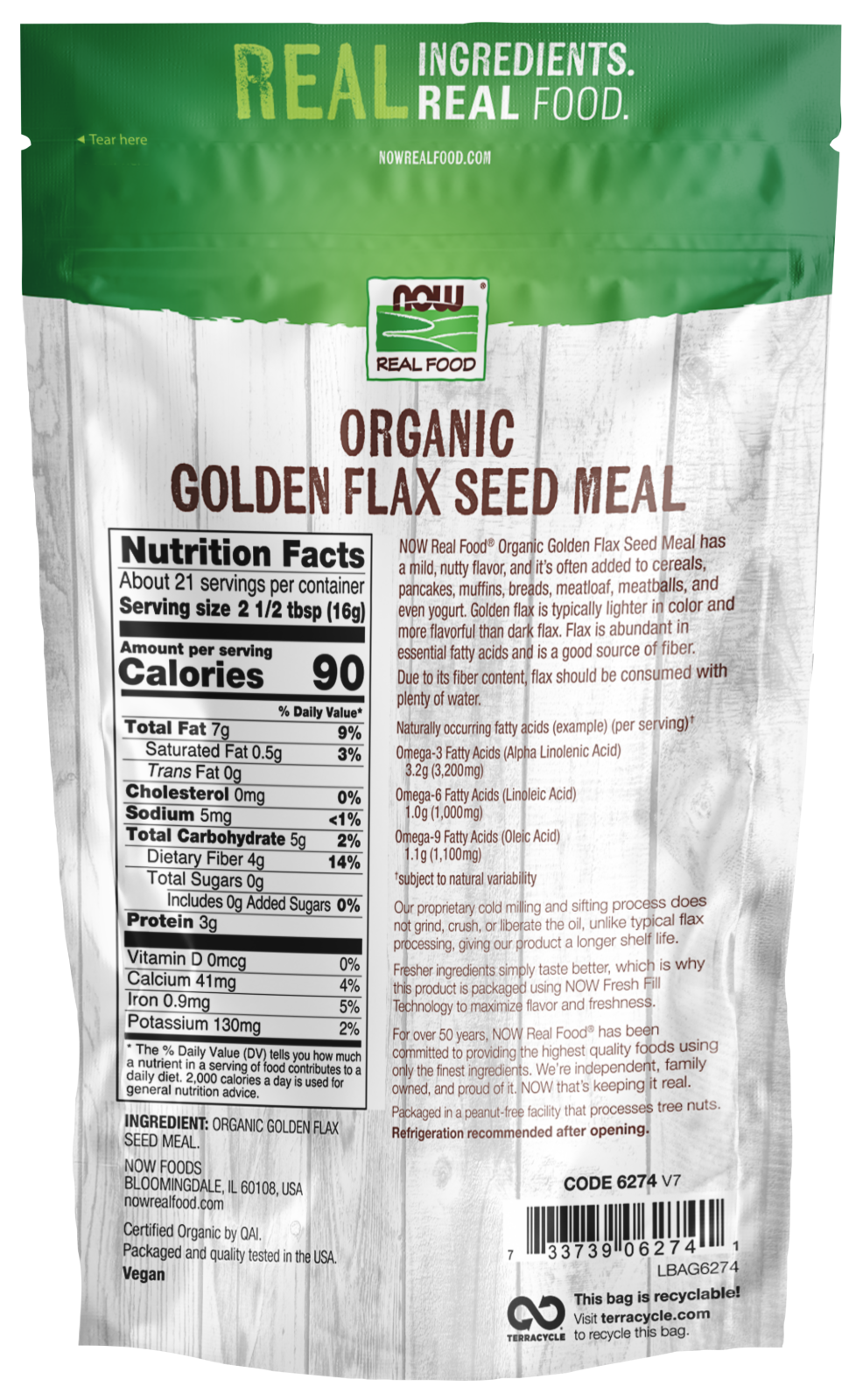 NOW Foods, Organic Golden Flax Seed Meal, Cold-Processed, 12 oz