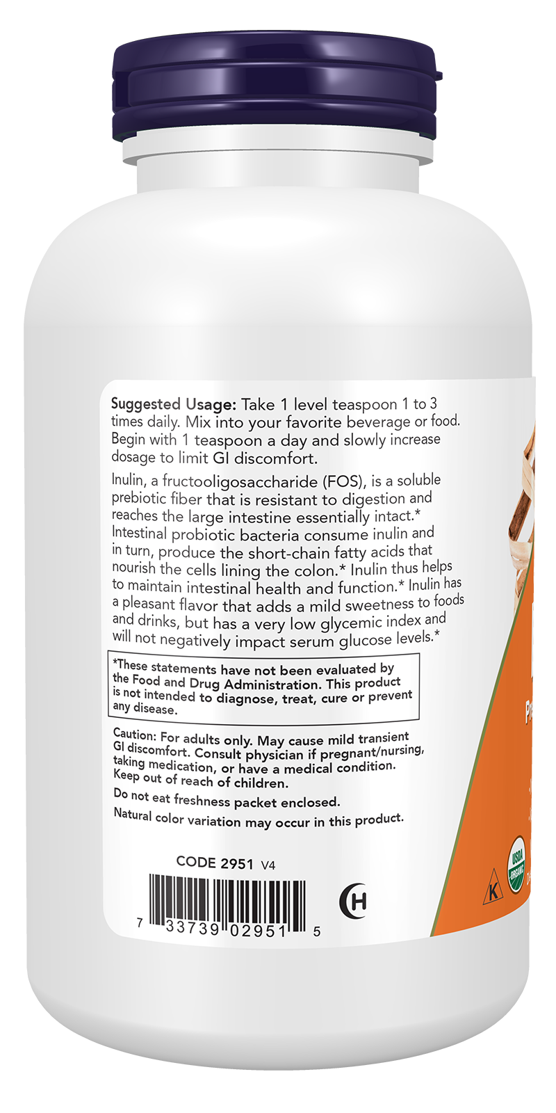 NOW Supplements, Inulin Prebiotic Pure Powder, Certified Organic, 1 lb