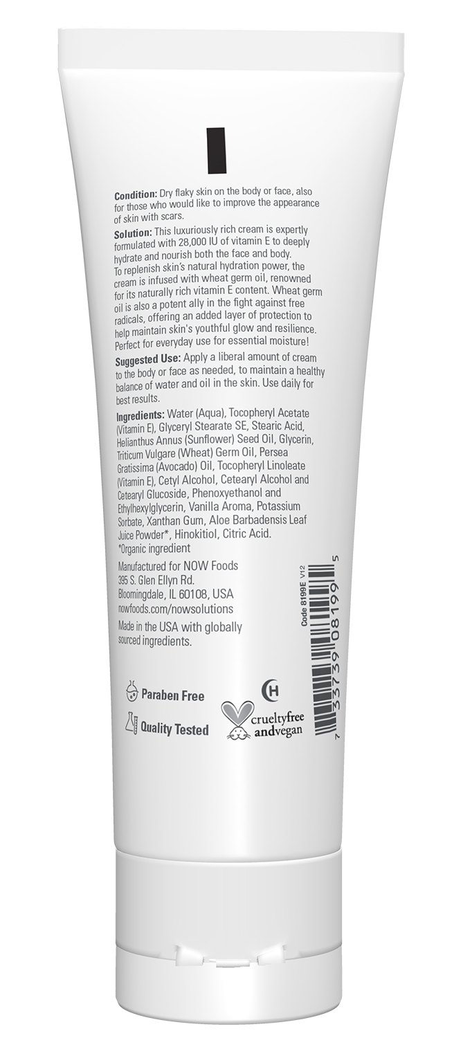 NOW Solutions, Vitamin E Cream 28,000 IU, Intense Moisture, 4 fl. oz