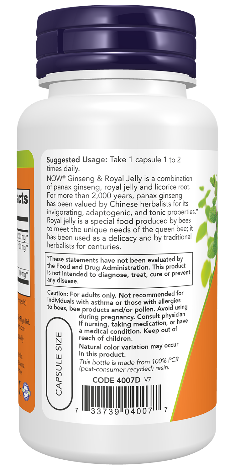 NOW Supplements, Ginseng & Royal Jelly with Licorice Root, Adaptogenic Blend*, 90 Capsules