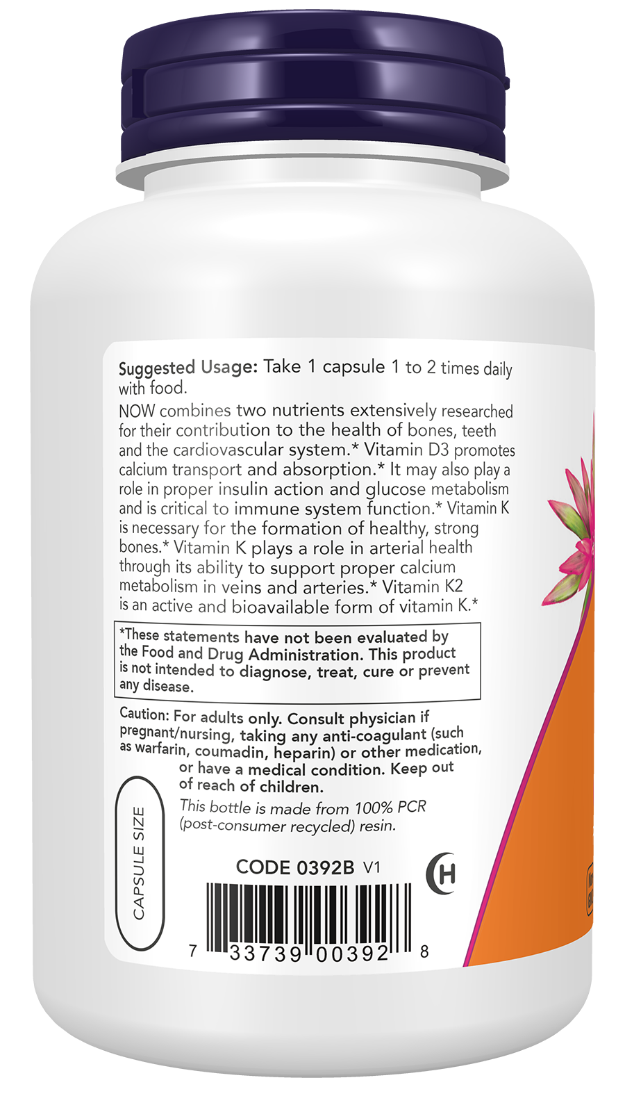 NOW Supplements, Vitamin D3 & K2, 1,000 IU/45 mcg, Plus Cardiovascular Support*, Supports Bone Health*, 240 Veg Capsules