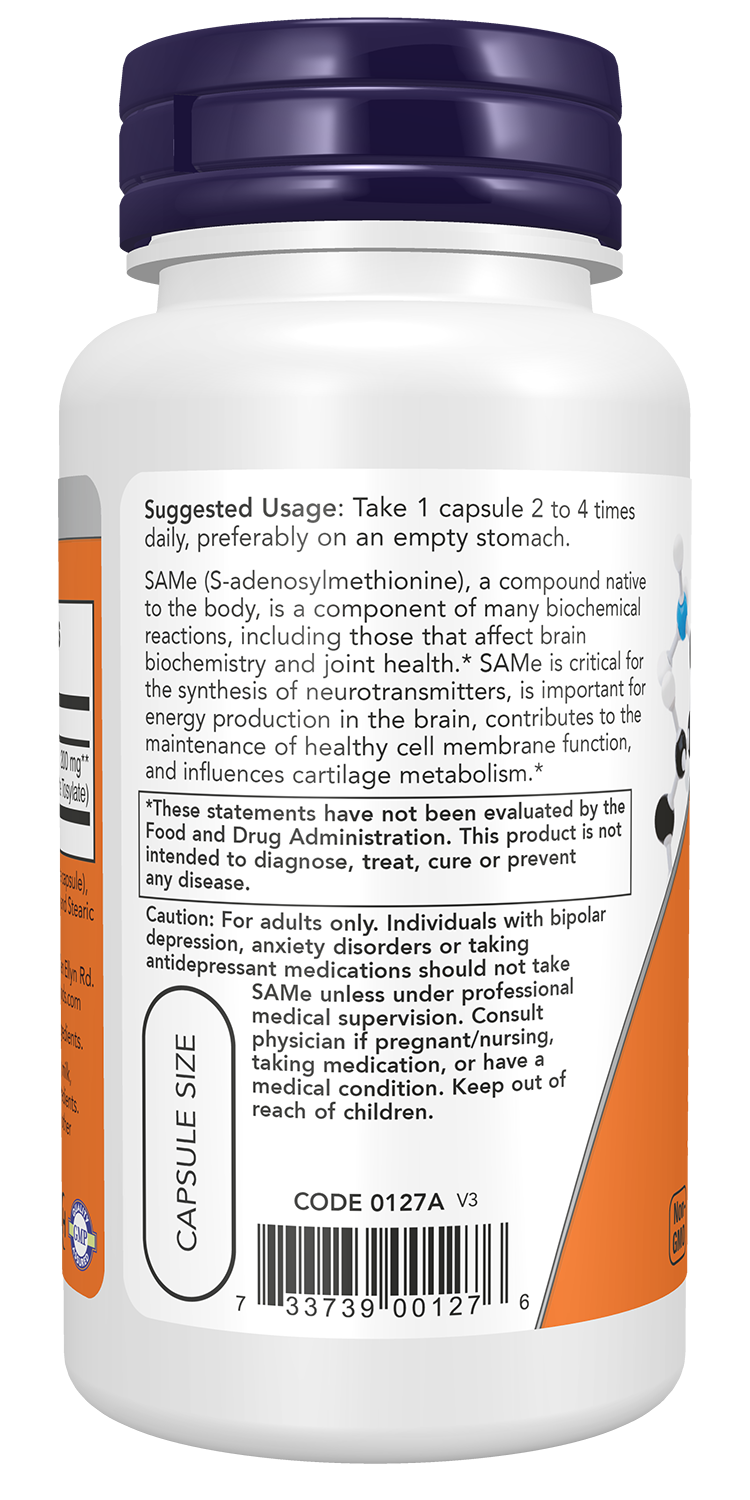 NOW Supplements, SAMe 200 mg, Nervous System Support*, 60 Veg Caps
