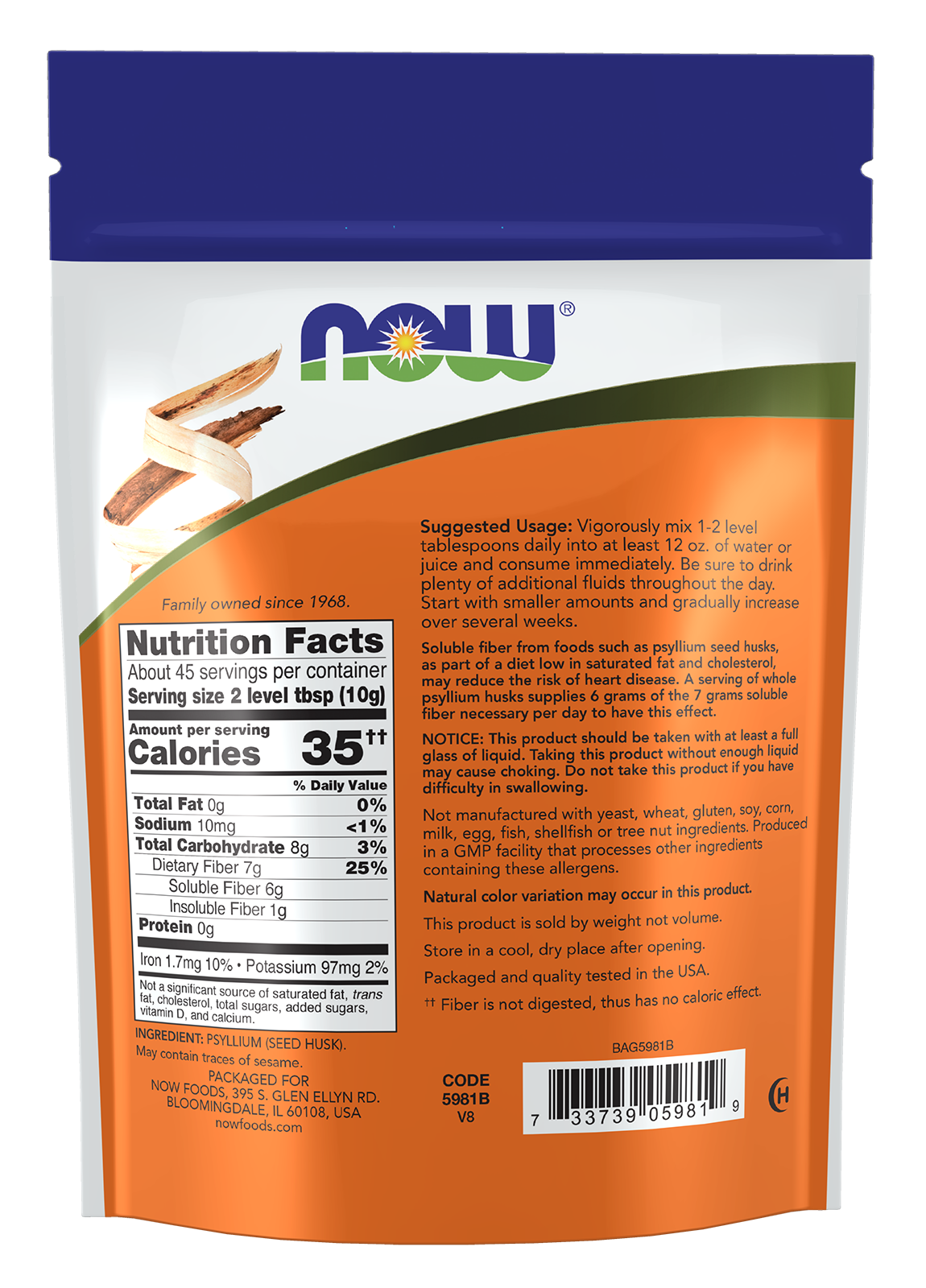 NOW Supplements, Whole Psyllium Husks, Soluble Fiber, 16 oz