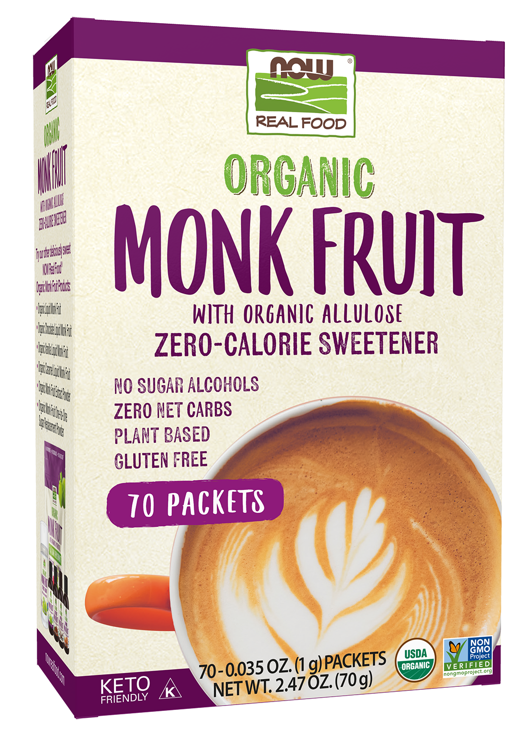 NOW Foods, Organic Monk Fruit, Zero-Calorie Sweetener, Non-GMO, 70 Packets