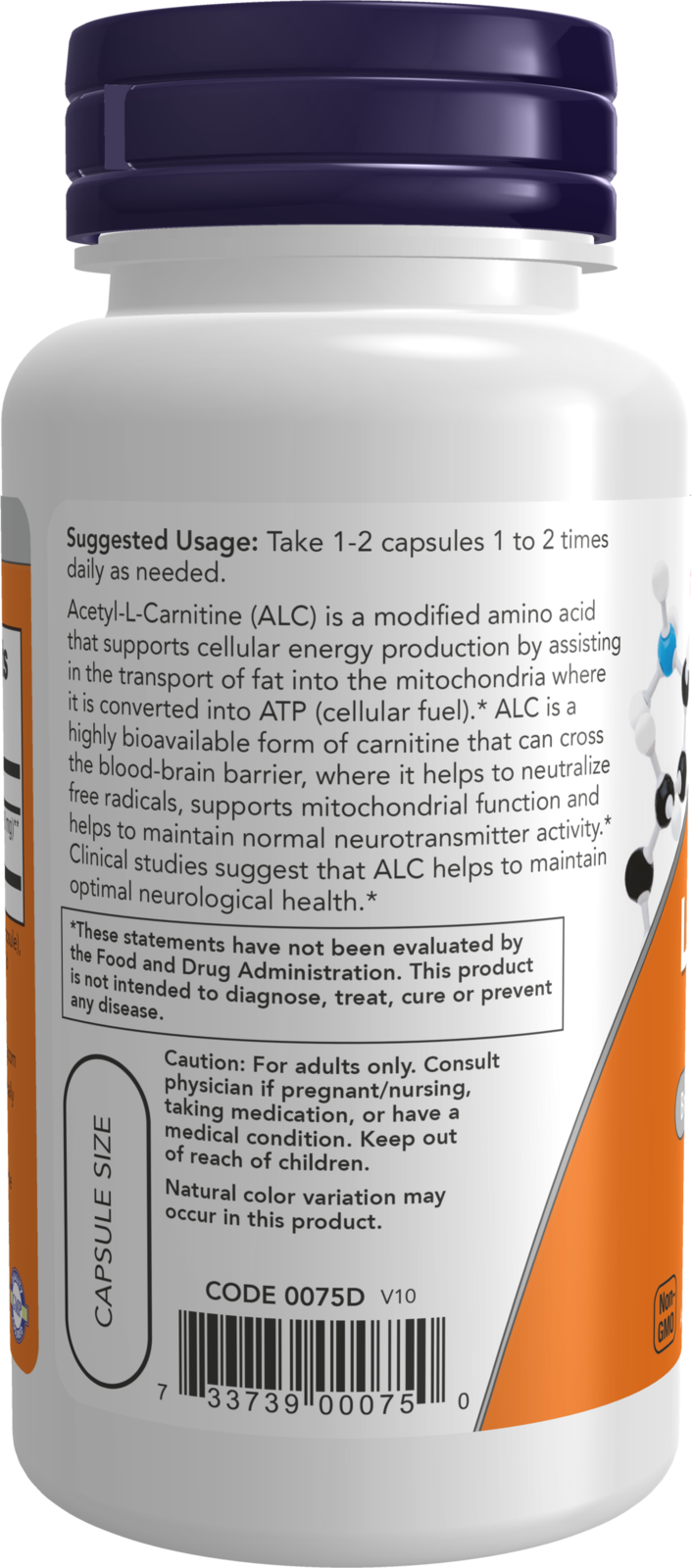NOW Supplements, Acetyl-L Carnitine 500 mg, Brain Energy*, 50 Veg Caps