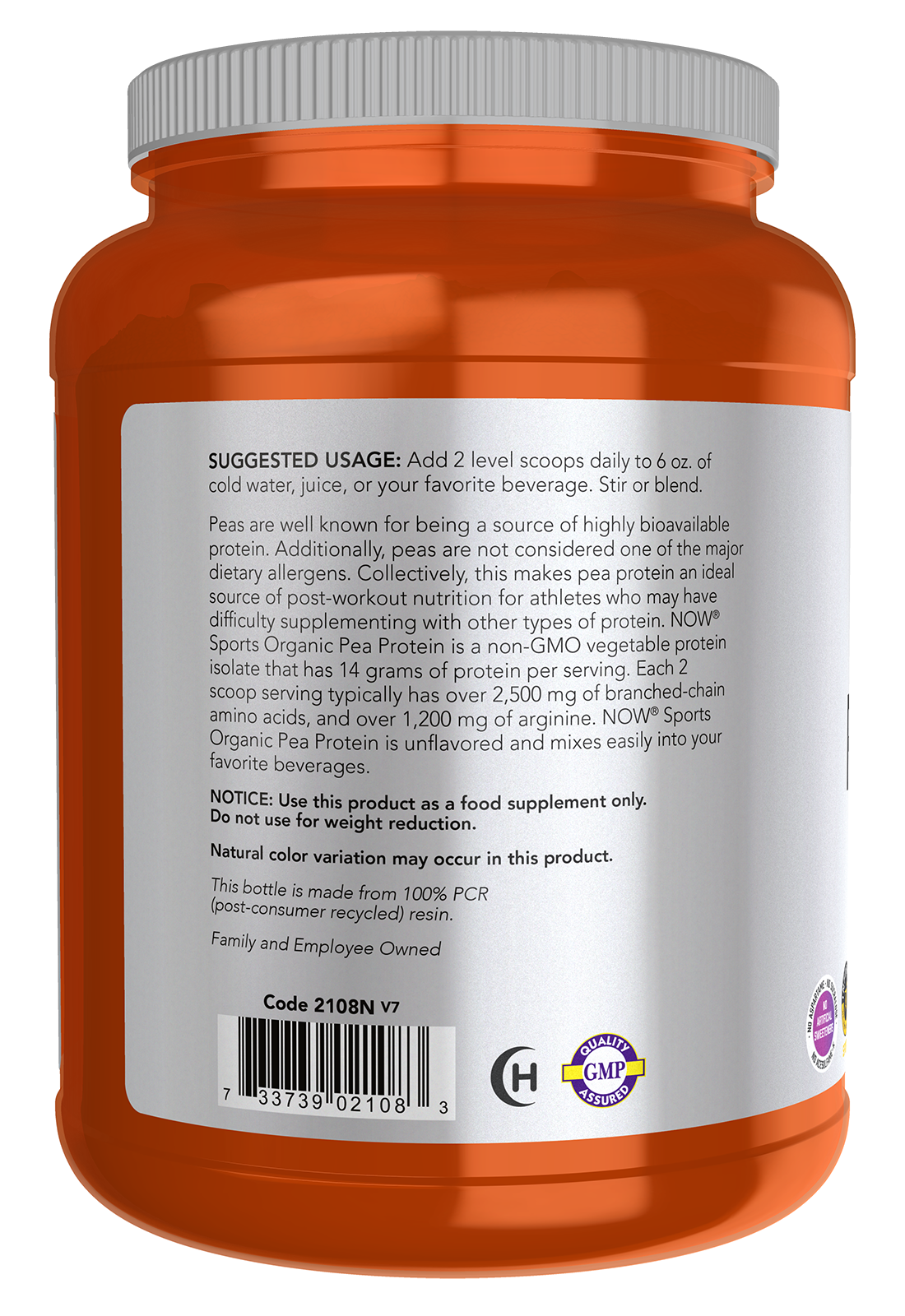 NOW Sports, Certified Organic Pea Protein 14g, Unflavored Powder, 1.5 lbs