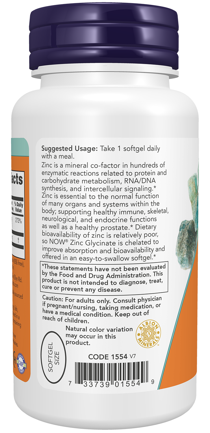 NOW Supplements, Zinc Glycinate with 250 mg Pumpkin Seed Oil, 120 Softgels