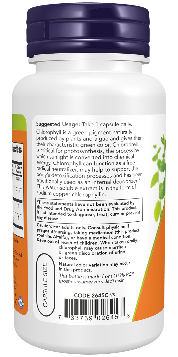 NOW Supplements, Chlorophyll 100 mg with Alfalfa, 90 Veg Caps