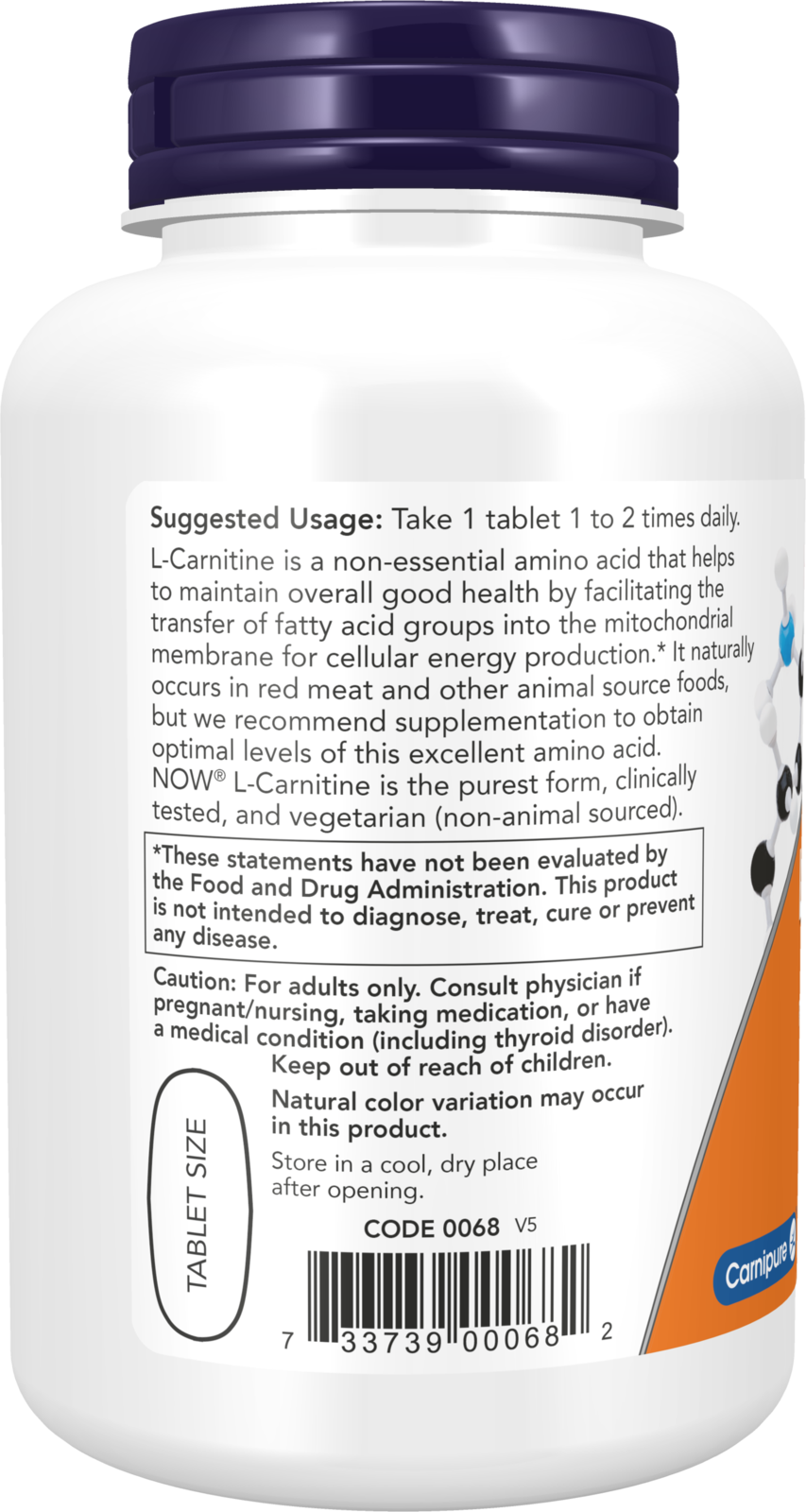 NOW Supplements, L-Carnitine 1,000 mg, Purest Form, Amino Acid, 100 Tabs