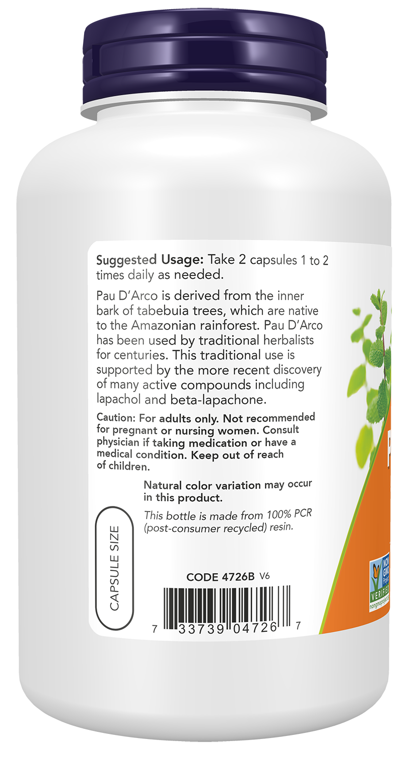 NOW Supplements, Pau D'Arco (Tabebuia heptaphylla) 500 mg, Herbal Support, 250 Veg Capsules