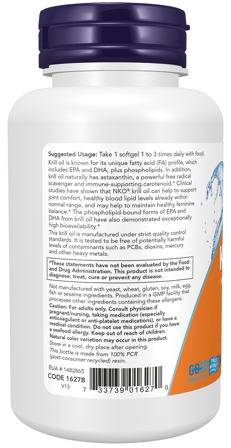 NOW Supplements, Krill 1000 mg, Phospholipid-Bound Omega-3, 60 Softgels