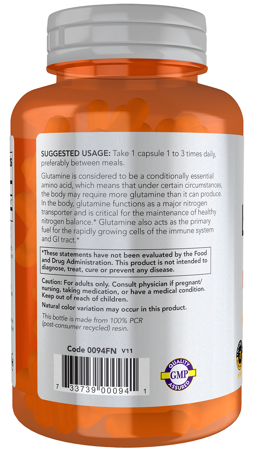 NOW Sports, L-Glutamine 1,000 mg, Double Strength, Amino Acid, 120 Veg Caps