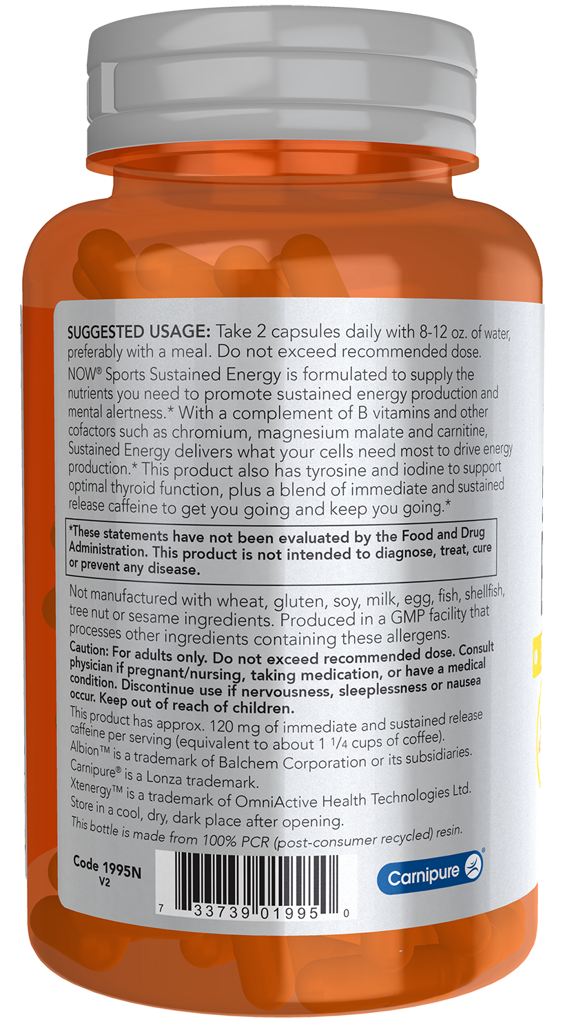 NOW Sports, Sustained Energy, Sustained Release Caffeine, 90 Veg Caps