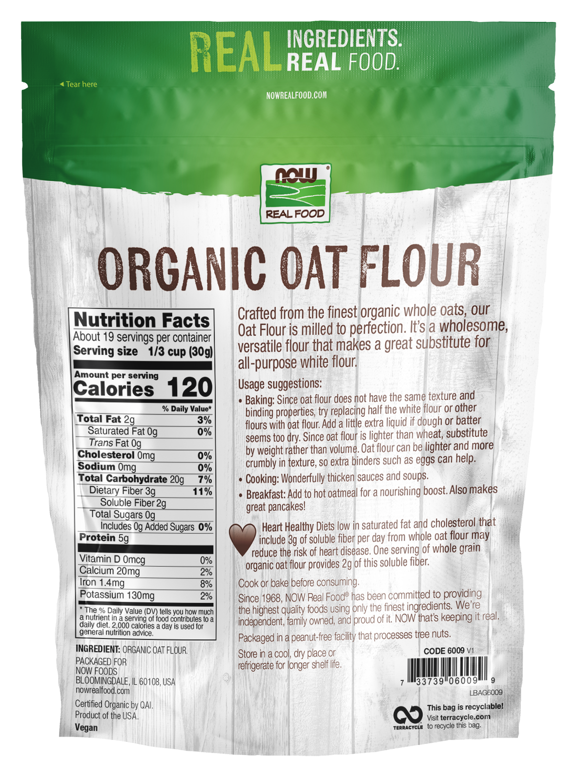 NOW Foods, Organic Oat Flour, Whole Grain, Good Source of Fiber, 20 oz