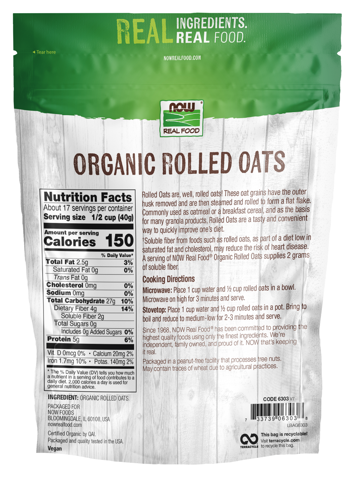 NOW Foods, Organic Rolled Oats, Whole Grain, Good Source of Fiber, 24 oz
