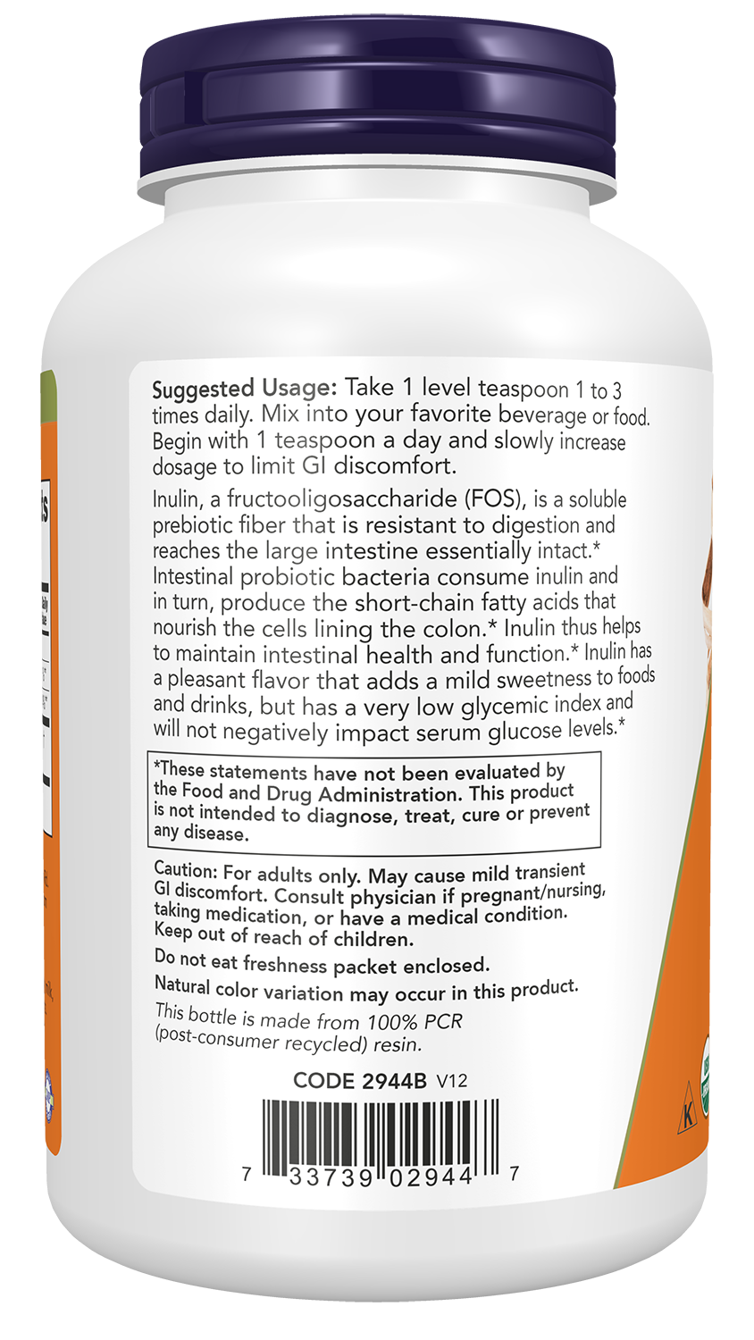 NOW Supplements, Inulin Prebiotic Pure Powder, Certified Organic, 8 oz