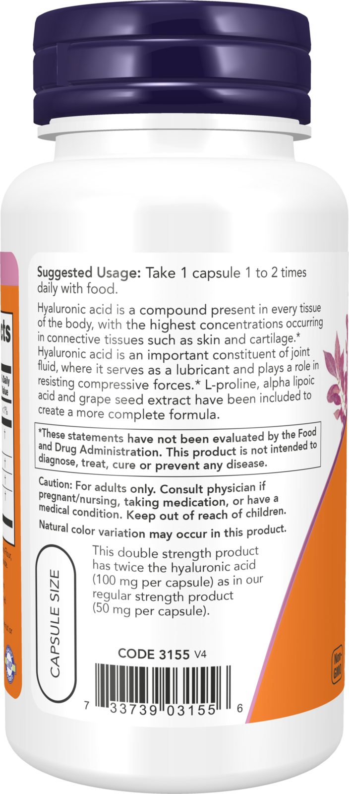 NOW Supplements, Hyaluronic Acid 100 mg, Double Strength, 60 Veg Caps