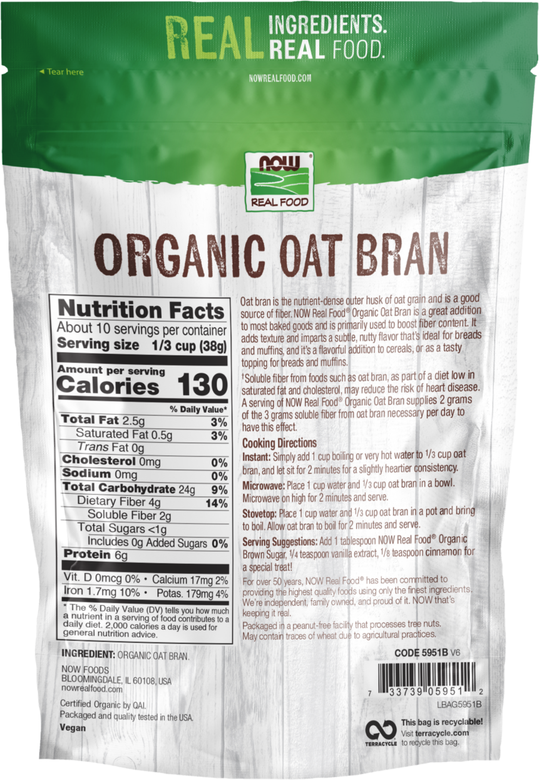 NOW Foods, Organic Oat Bran, Good Source of Fiber, 14 oz