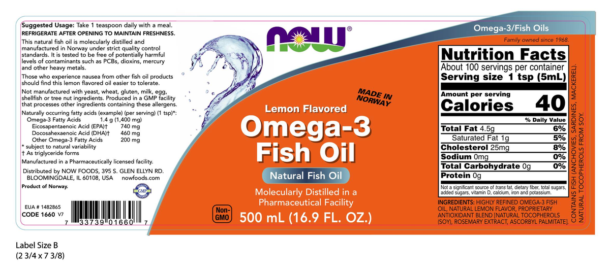 NOW Supplements, Omega-3 Fish Oil Liquid, Lemon Flavored, 16.9-oz