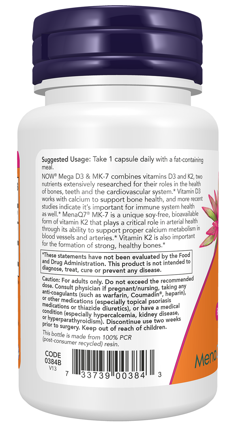 NOW Supplements, Mega D-3 & MK-7 with Vitamins D-3 & K-2, 60 Veg Caps