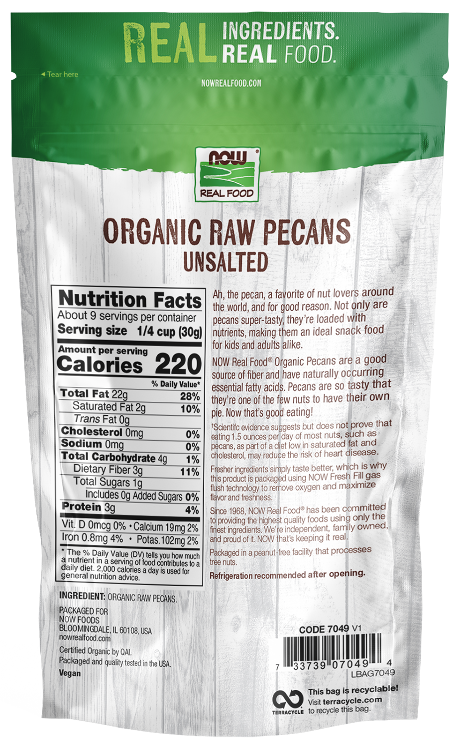 NOW Foods, Organic Pecans, Raw, Unsalted, no added oils, 10 oz