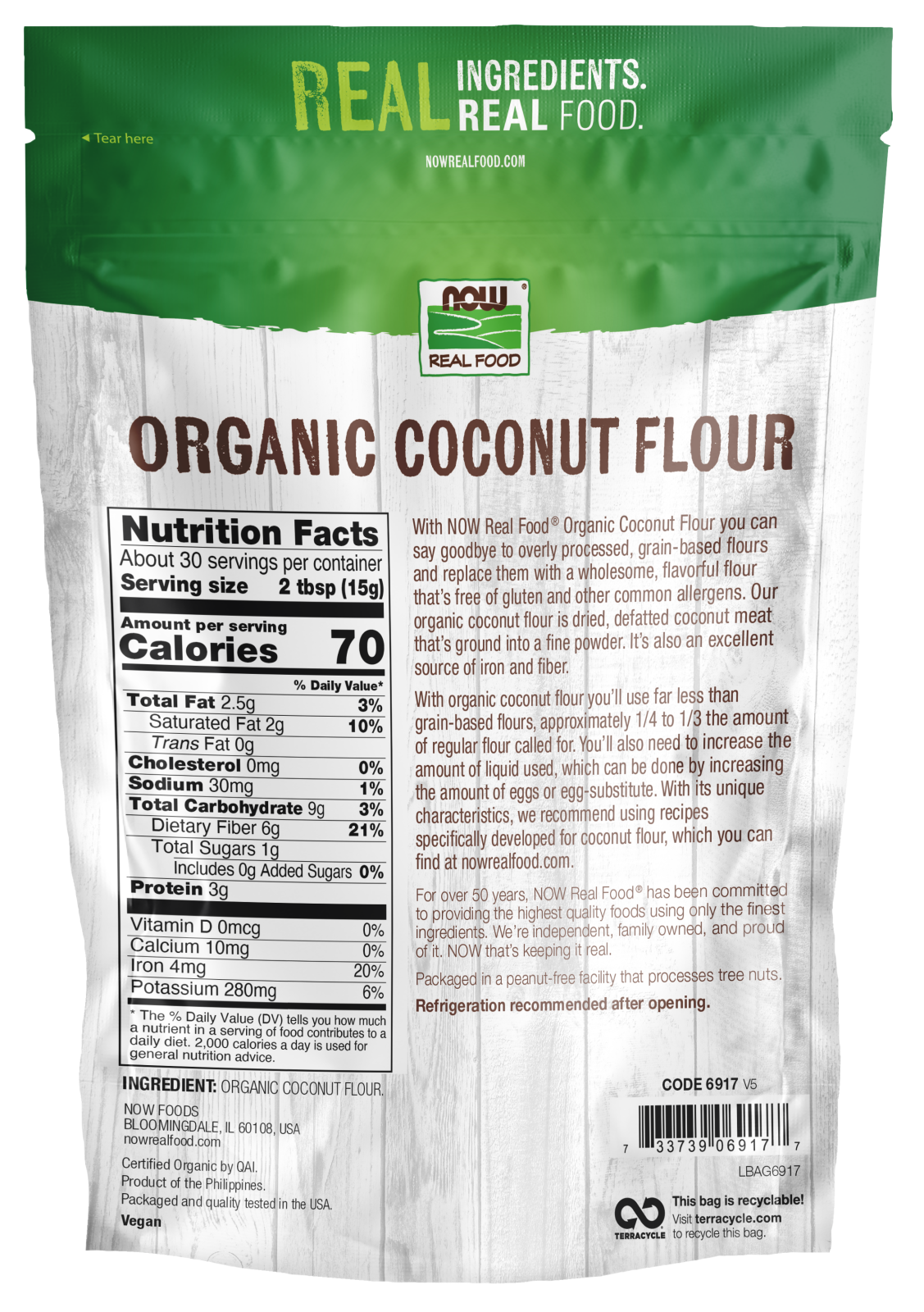 NOW Foods, Organic Coconut Flour, Unsweetened, Source of Fiber, 16 oz