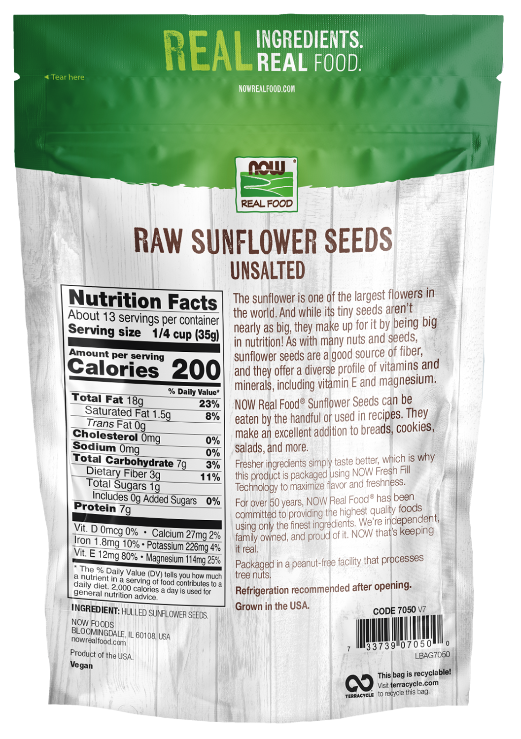 NOW Foods, Sunflower Seeds, Raw & Unsalted, Good Source of Fiber, 16 oz