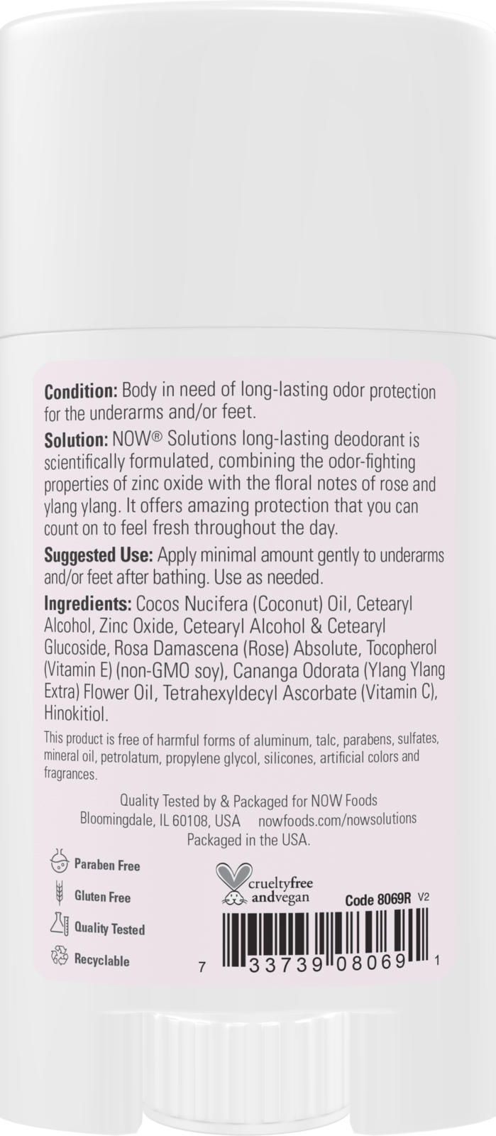 NOW Solutions, Long-Lasting Deodorant Stick, Rose Ylang Ylang, 2.2 oz