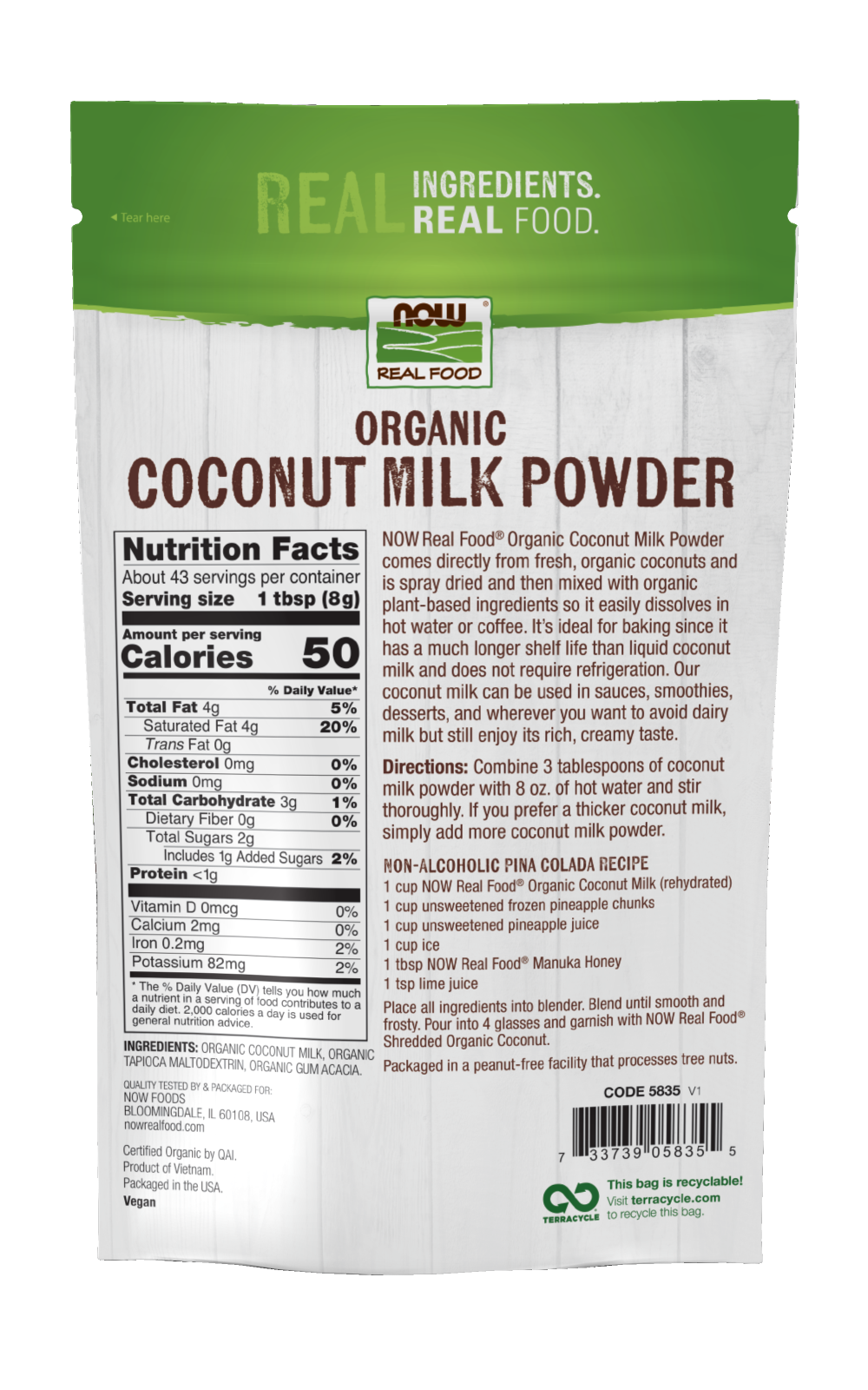 NOW Foods, Organic Coconut Milk Powder, Vegan, Just Add Water, 12 oz