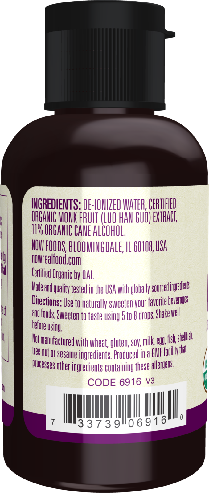 NOW Foods, Organic Monk Fruit, Zero-Calorie Liquid Sweetener, 2 fl. oz
