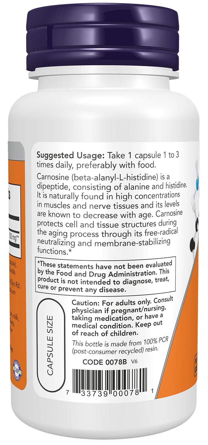 NOW Supplements, L-Carnosine 500 mg, Healthy Aging*, 50 Veg Caps