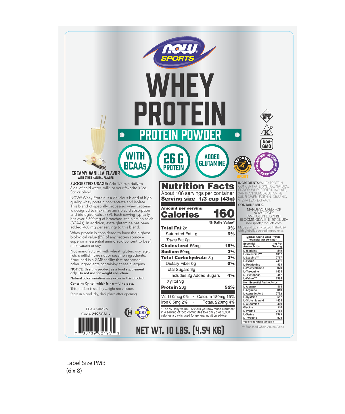 NOW Sports, Whey Protein 26 g With BCAAs, Creamy Vanilla Flavor, 10 lbs