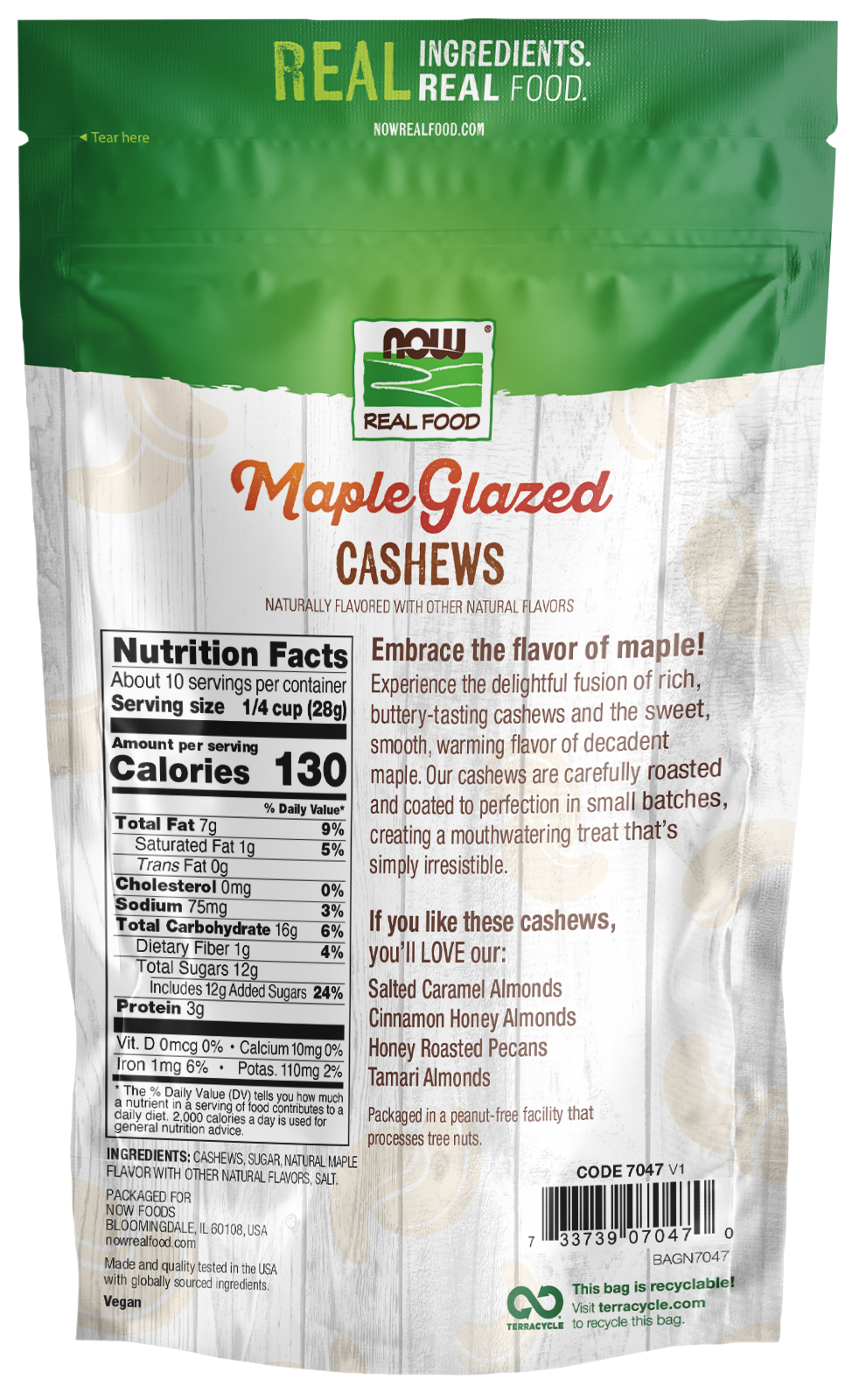 NOW Foods, Maple Glazed Cashews, Non-GMO Verified, 10 oz. bag
