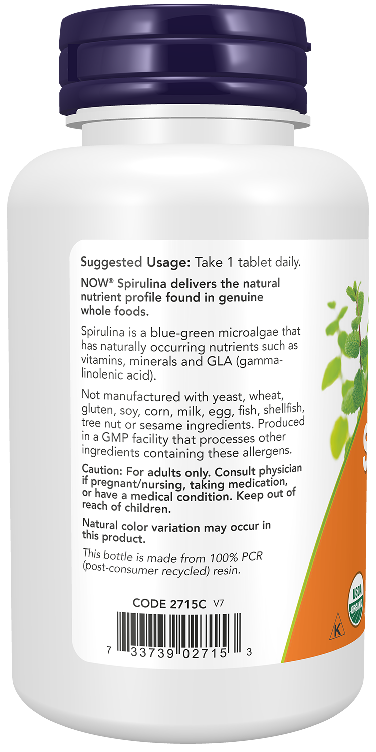NOW Supplements, Organic Spirulina 1,000 mg, Double Strength, 120 Tabs