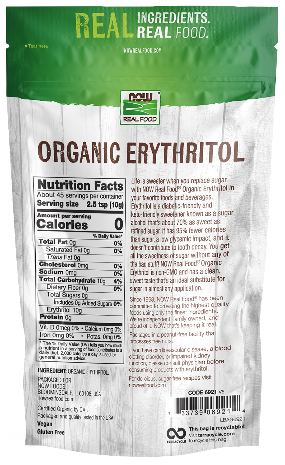 NOW Foods, Organic Erythritol, Zero-Calorie Sweetener, 1 lb