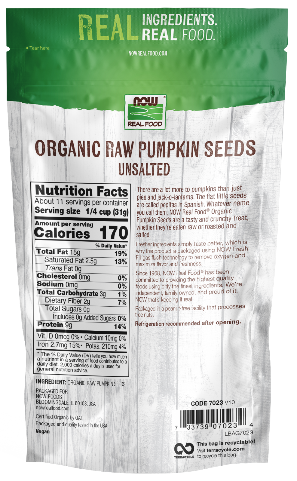 NOW Foods, Organic Pumpkin Seeds, Raw & Unsalted, Source of Iron, 12 oz
