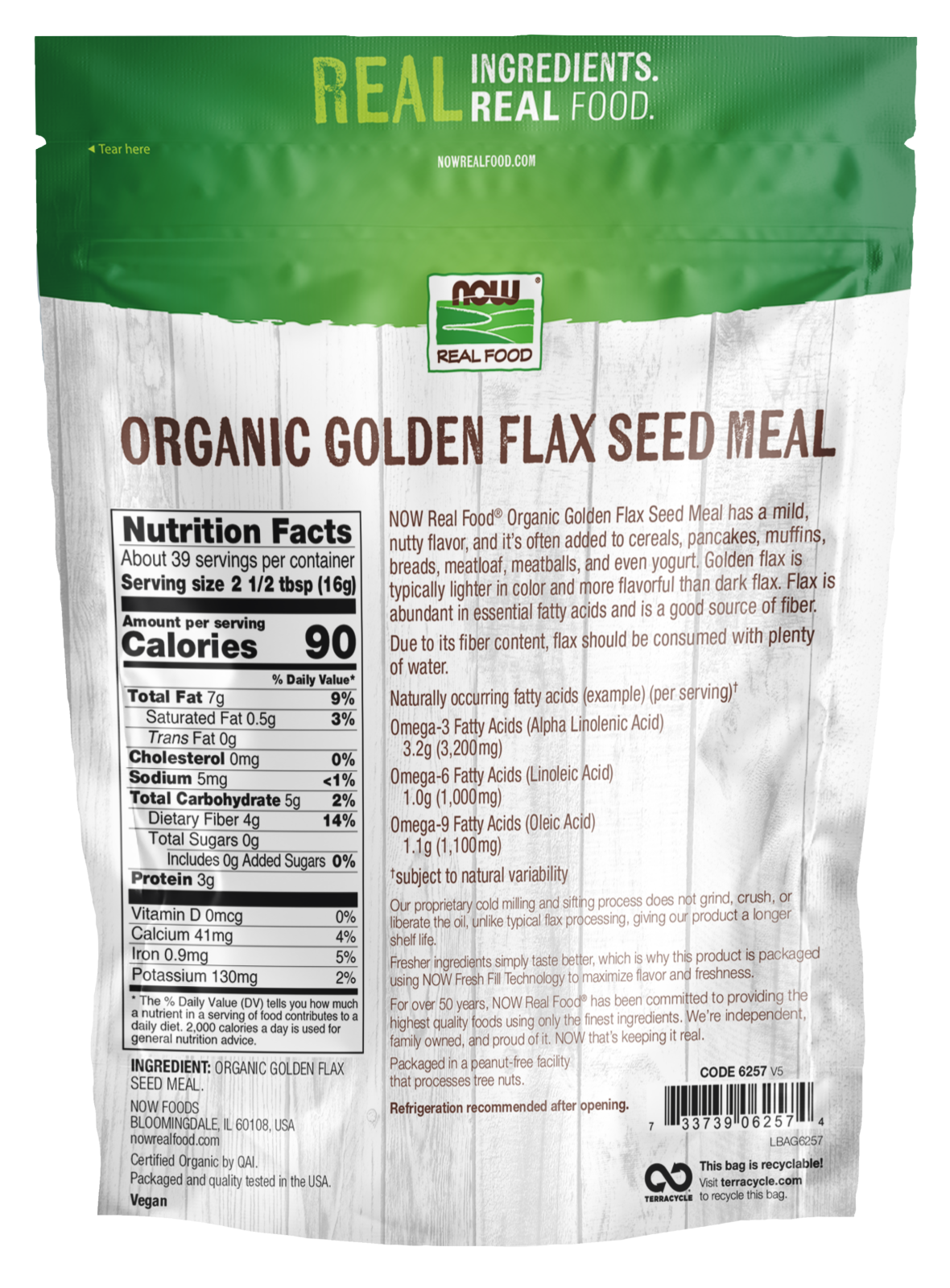 NOW Foods, Organic Golden Flax Seed Meal, Cold-Processed, 22 oz