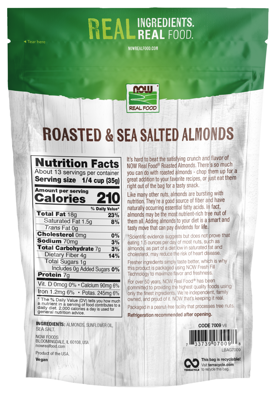 NOW Foods, Almonds, Roasted Sea Salted, Protein & Fiber, 1 lb