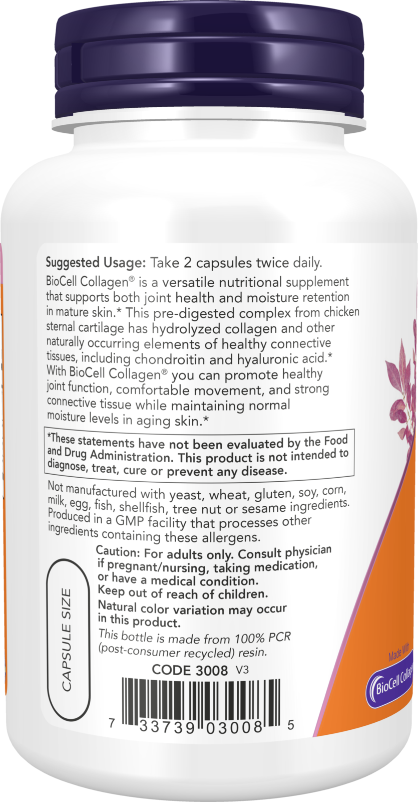 NOW Supplements, BioCell Collagen® Hydrolyzed Type II, 120 Veg Caps