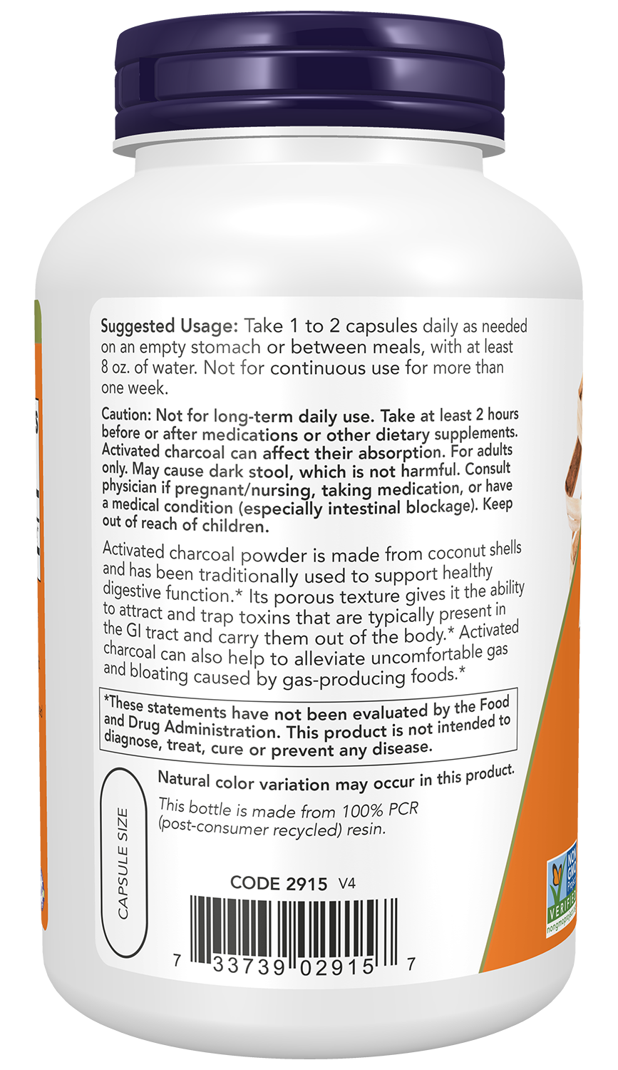 NOW Supplements, Activated Charcoal from Coconut Shells, 200 Veg Caps