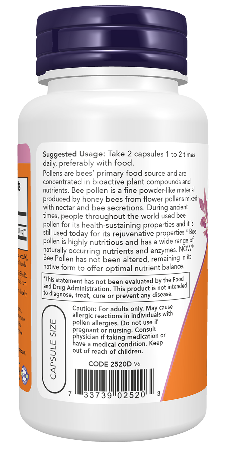 NOW Supplements, Bee Pollen 500 mg, Nature's Superfood, Nutrient Dense, 100 Capsules