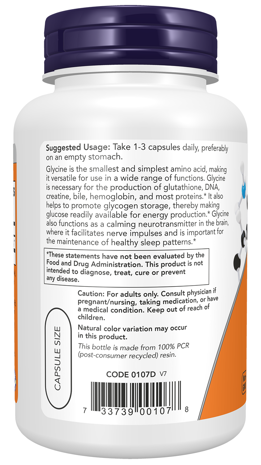NOW Supplements, Glycine 1,000 mg, Free-Form, 100 Veg Caps