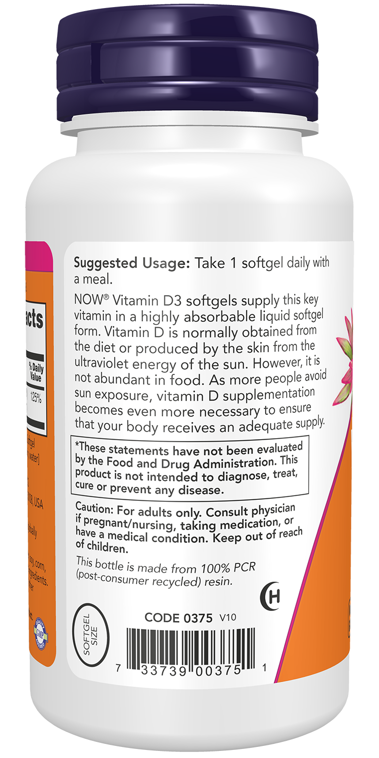 NOW Supplements, Vitamin D-3 1,000 IU, Structural Support*, 360 Softgels