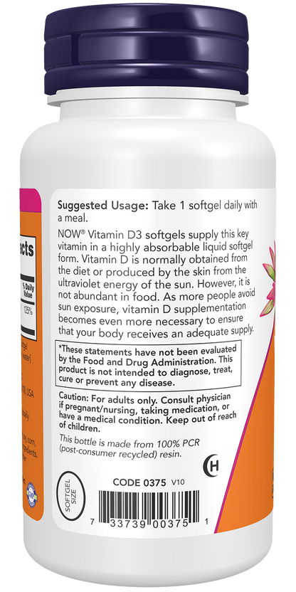 NOW Supplements, Vitamin D-3 1,000 IU, Structural Support*, 360 Softgels
