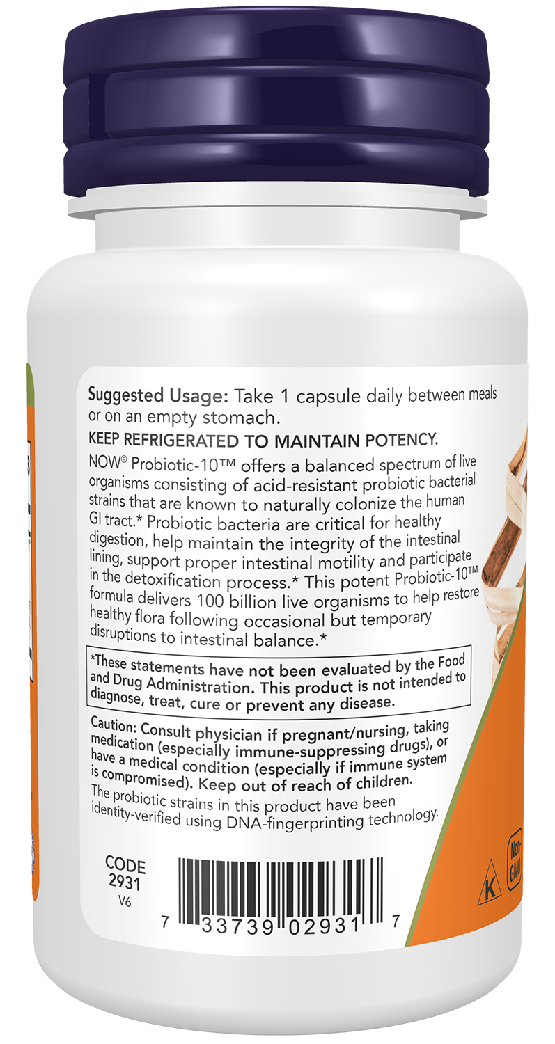 NOW Supplements, Probiotic-10™, 100 Billion, with 10 Strains, 30 Veg Caps